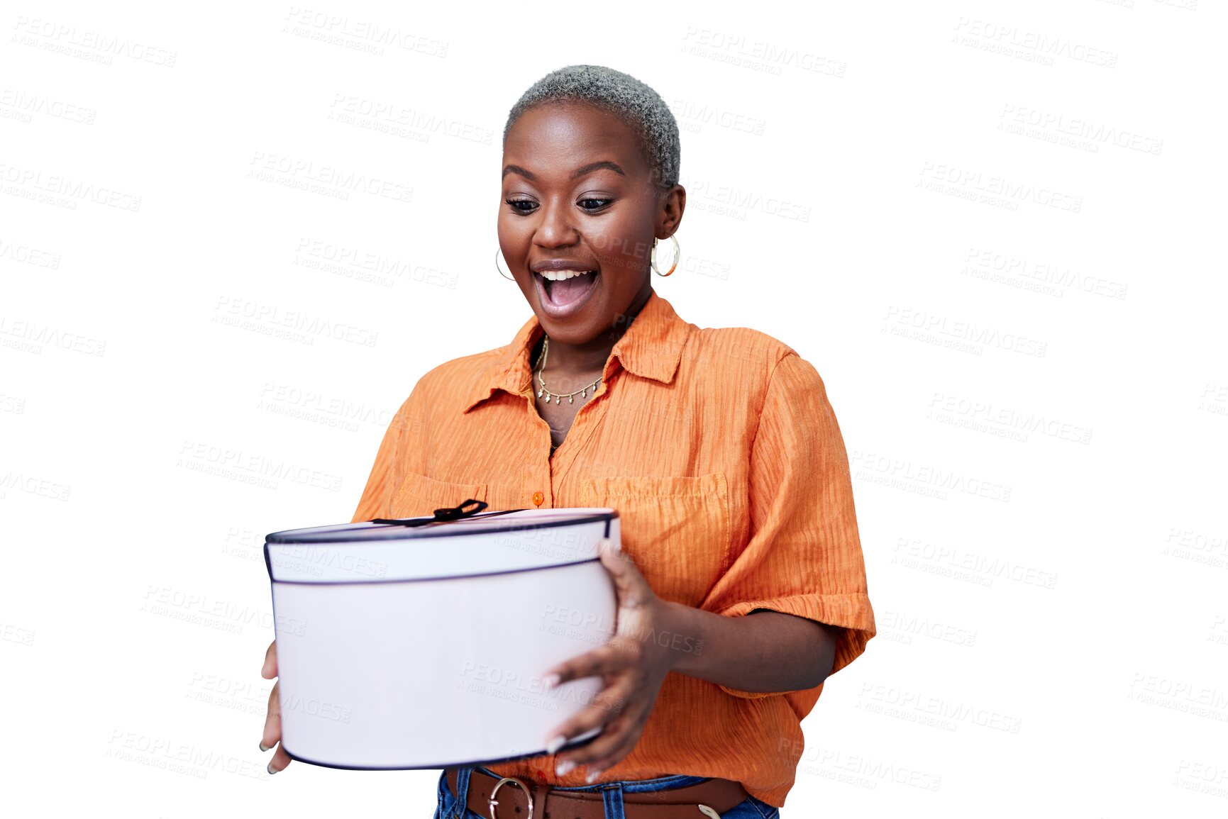 Buy stock photo Present, box and black woman with surprise for birthday on transparent, isolated or png background. Wow, excited and girl with shock for gift, package or winner smile for giveaway with fashion