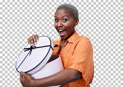 Buy stock photo Opening, box and black woman with surprise, present or birthday on transparent, isolated or png background. Wow, excited and girl with shock for gift, package or winner smile for giveaway of fashion