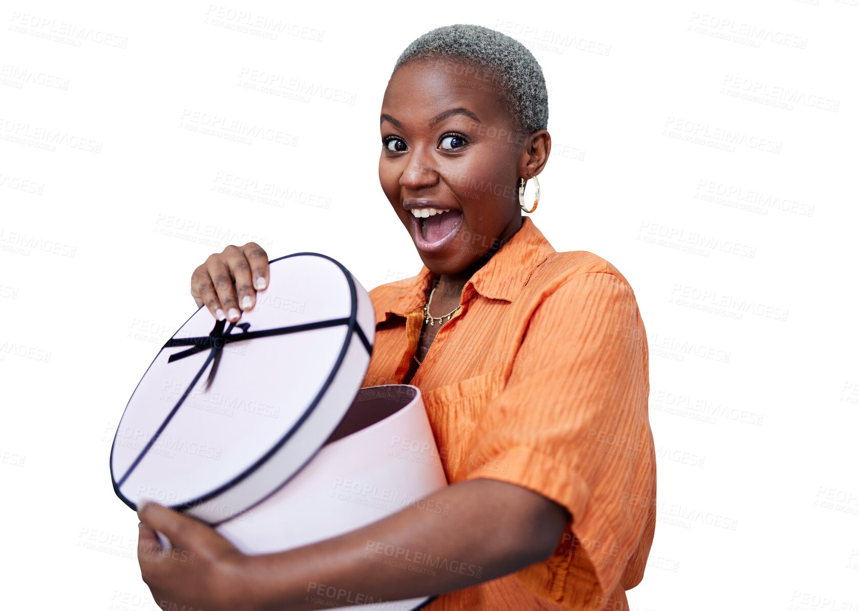 Buy stock photo Opening, box and black woman with surprise, present or birthday on transparent, isolated or png background. Wow, excited and girl with shock for gift, package or winner smile for giveaway of fashion