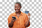 Smile, phone and credit card with a black woman online shopping