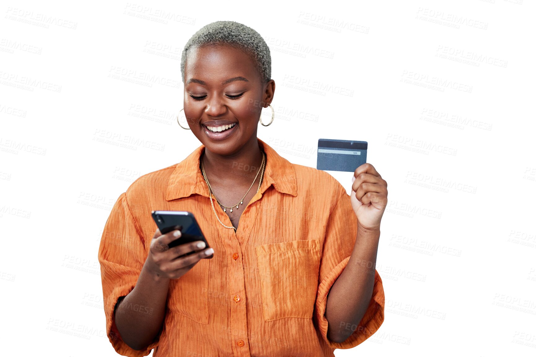 Buy stock photo Woman, phone and happy or credit card with fintech for online shopping, ecommerce and payment with smile. Black person, customer and internet banking for sale isolated on png transparent background