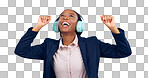 Dance, business and happy woman with headphones in studio for celebration, freedom and success for winning on grey background. Excited african worker listening to music, audio and sound with energy