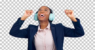 Buy stock photo Dance, happy and businesswoman with headphones for music, podcast or radio competition win with success. Excited, celebration and black woman with energy on isolated, transparent and png background