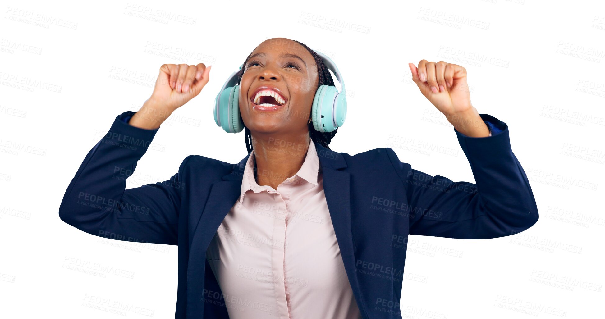 Buy stock photo Dance, happy and businesswoman with headphones for music, podcast or radio competition win with success. Excited, celebration and black woman with energy on isolated, transparent and png background
