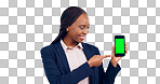 Business, woman and pointing to green screen of phone for advertising space, offer and mockup newsletter in studio. Happy african worker show mobile announcement, promotion or deal on grey background