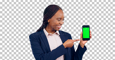 Buy stock photo Professional woman, point and smartphone with green screen for sales, smile and employee. Person, happiness and technology of mobile with internet and isolated transparent background and png