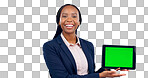 Business woman, portrait and green screen of tablet for advertising space, presentation or mockup newsletter in studio. Happy african worker show digital announcement, info or deal on grey background