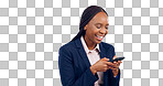 Business woman, phone and typing in studio for networking, funny mobile chat or social media post. Happy african worker laugh with cellphone, reading news app or online information on grey background