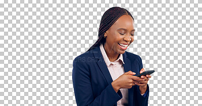 Buy stock photo Phone, business and black woman with conversation, smile and connection. African person, model and employee with smartphone, communication and technology isolated on a transparent, png background