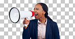 Megaphone, speech and screaming business woman in studio for change, transformation or freedom on grey background. Corporate, justice and female speaker with bullhorn noise for announcement attention