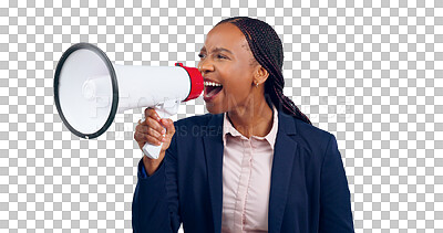 Buy stock photo Angry, speaker and business woman with megaphone for news or announcement on transparent or png background. Corporate, protest and isolated person with speech, noise and bullhorn for call to action