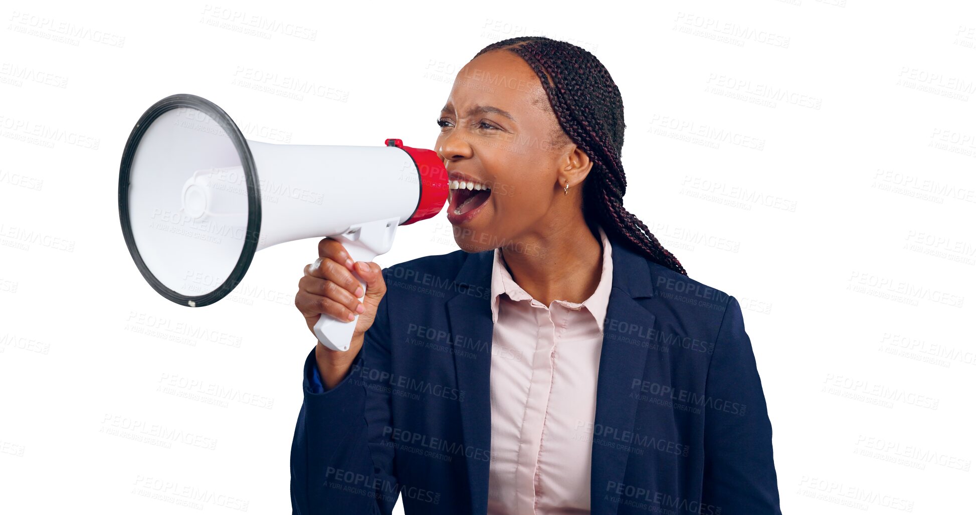 Buy stock photo Angry, speaker and business woman with megaphone for news or announcement on transparent or png background. Corporate, protest and isolated person with speech, noise and bullhorn for call to action