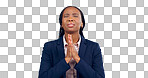 Praying, spiritual and black woman in a studio for gratitude, forgiveness and hope compassion. Blessing, religion and young African female person with prayer hand gesture isolated by gray background.