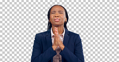 Buy stock photo Praying, spiritual or black woman for gratitude, worship or forgiveness of christian with faith. Praise, religion or african professional with prayer hand or isolated on a transparent png background