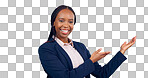 Portrait, business woman and presentation of space, mockup or announcement of promotion in studio on grey background. Happy african worker advertising launch of deal, feedback or information about us
