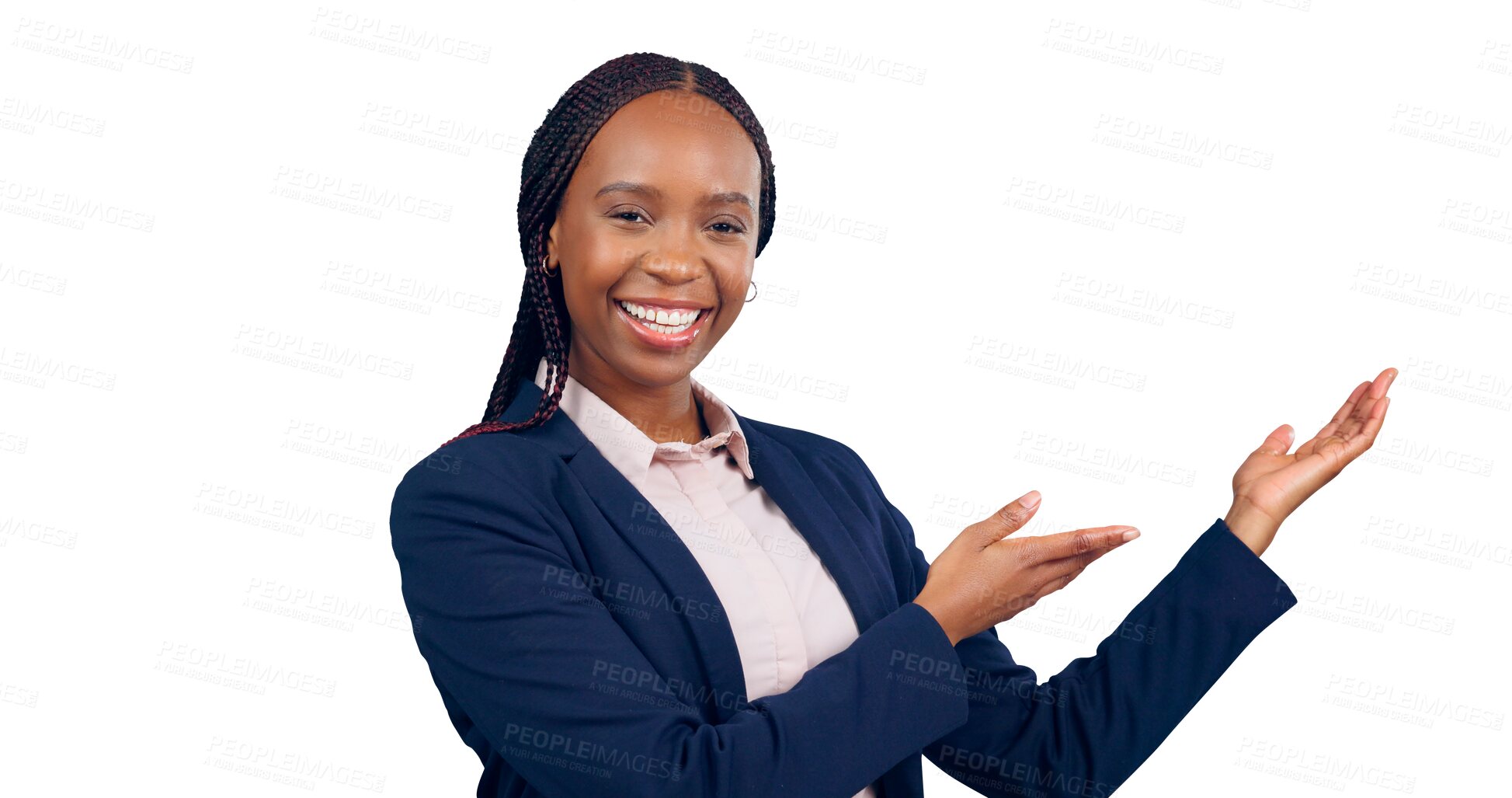 Buy stock photo Business woman, marketing or portrait with pointing to announcement or information on promotion deal. African financial advisor, happy face or presentation or isolated on a transparent png background