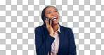 Business woman, phone call and laugh in studio for consulting, chat to contact and networking on grey background. Happy african employee, cellphone or communication of feedback for funny conversation