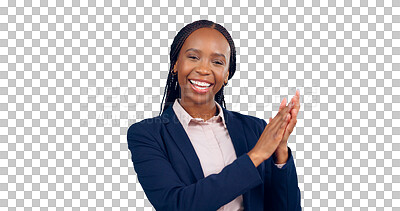 Buy stock photo African, business woman or clapping hands in portrait for celebrating success or applause at work. Black person, bookkeeper and happy face for promotion and isolated on a transparent png background