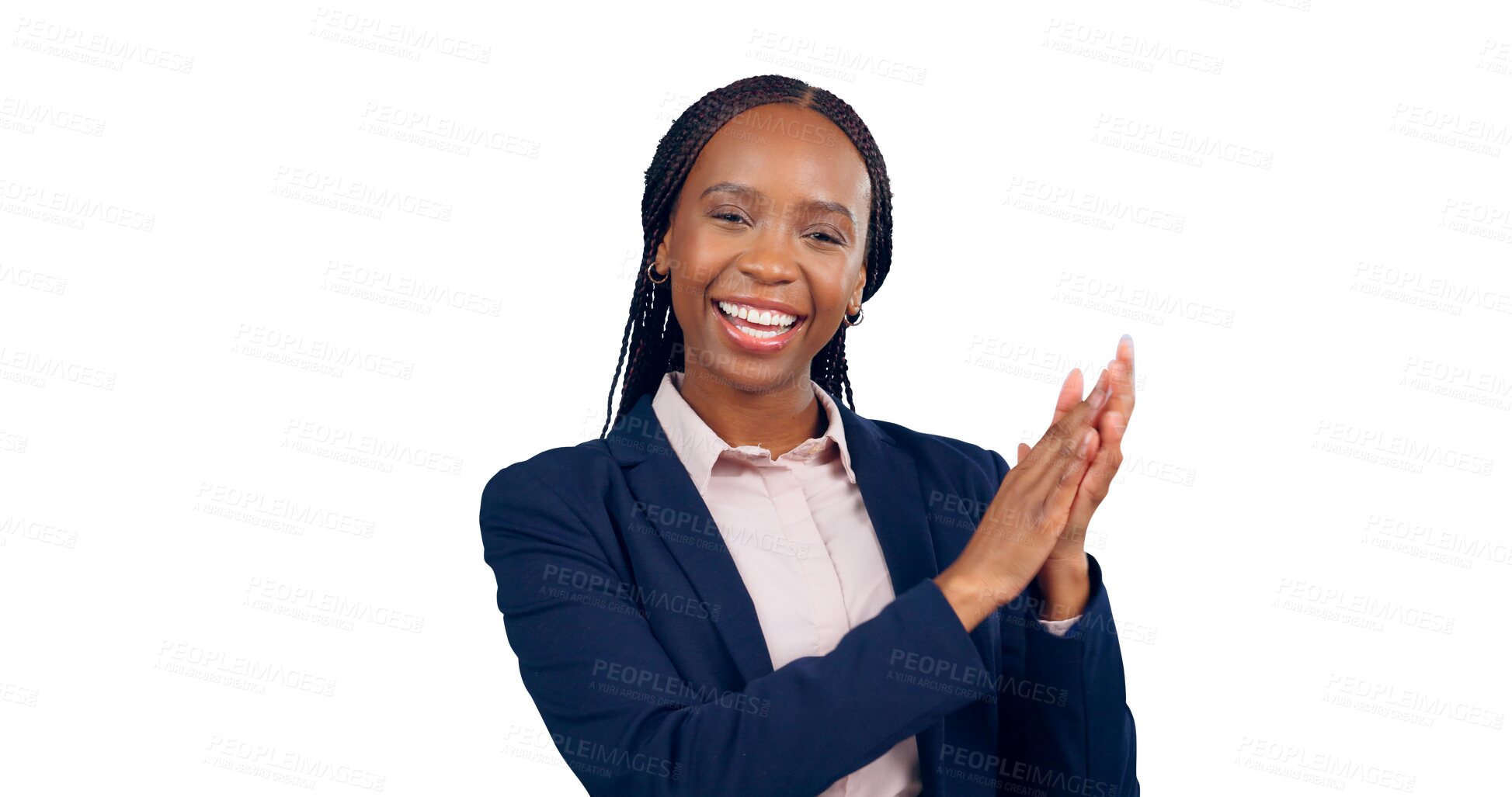 Buy stock photo African, business woman or clapping hands in portrait for celebrating success or applause at work. Black person, bookkeeper and happy face for promotion and isolated on a transparent png background