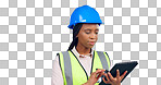 Black woman, engineer and typing on tablet in studio isolated on white background mockup space. Technology, architect and research on internet, digital app or planning construction for communication