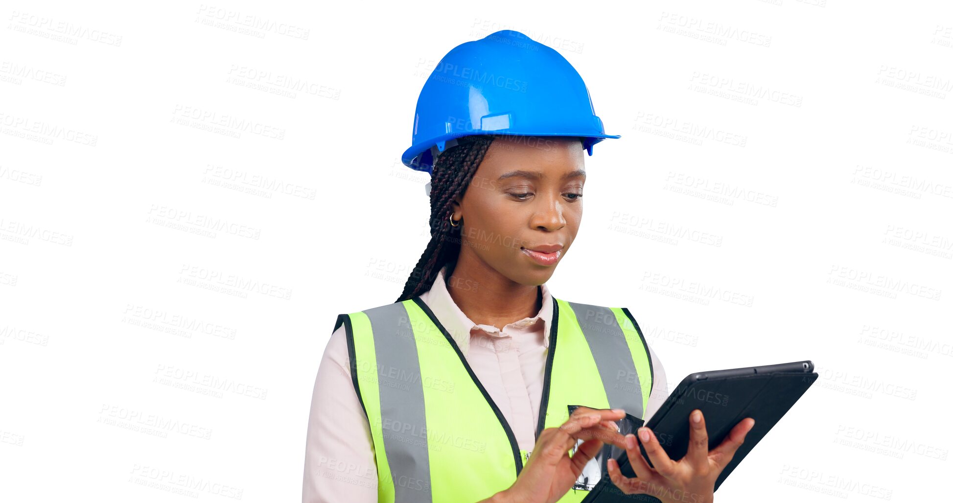 Buy stock photo Black woman, engineer or tablet for technology or reading email or serious for contract job in civil engineering.  Construction, person or online research or isolated on a transparent png background