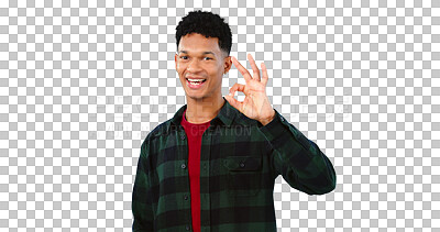 Buy stock photo Portrait, happy and man with ok hands for feedback, support or motivation. Perfect, emoji and face of model for success, thank you or review excellence isolated on a transparent, png background