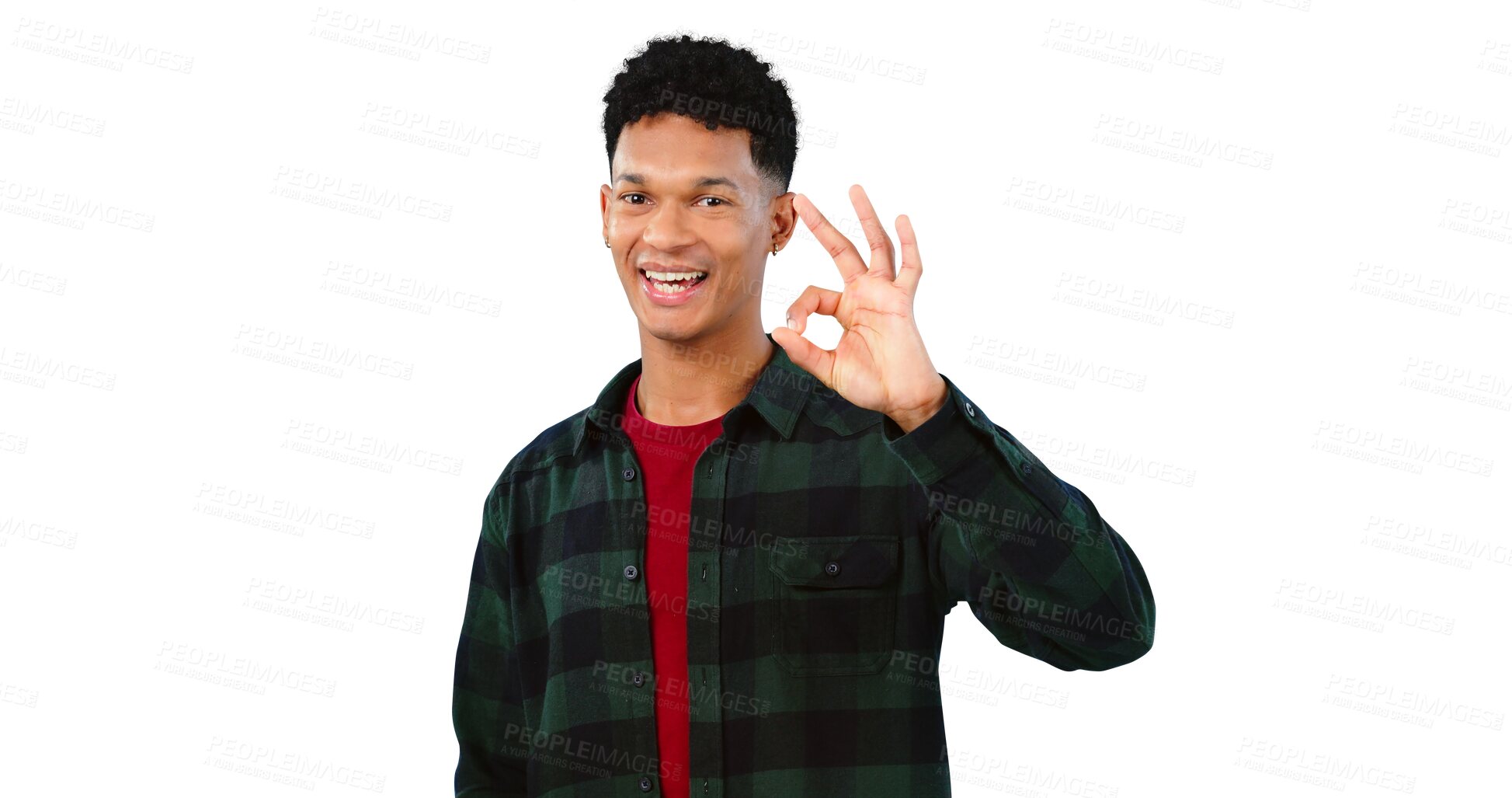 Buy stock photo Portrait, happy and man with ok hands for feedback, support or motivation. Perfect, emoji and face of model for success, thank you or review excellence isolated on a transparent, png background