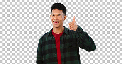 Buy stock photo Portrait, studio or happy man with thumbs up sign isolated on transparent png background. Smile, review or confident person with pride, feedback or positive hands gesture for approval or agreement