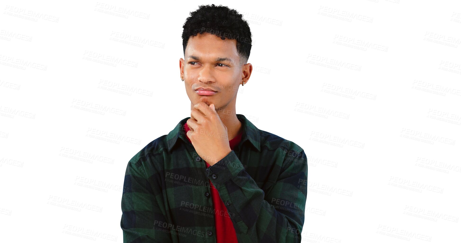 Buy stock photo Thinking, confused and man in deep thought, decision and isolated for brainstorm and dilemma. Male model, idea and transparent png background with question, contemplating and puzzled for choice