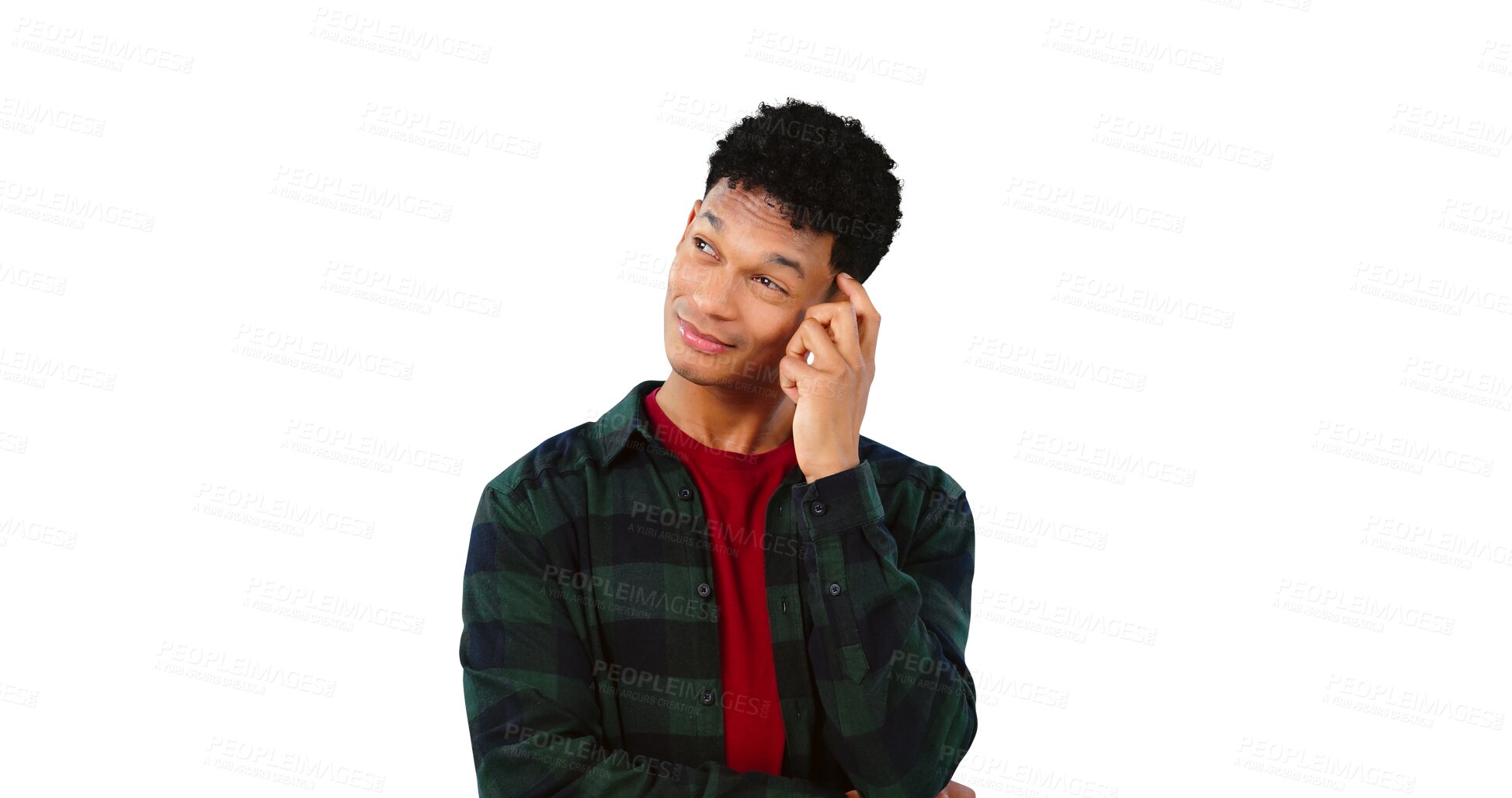 Buy stock photo Thinking, confused and man with idea for doubt, planning or frustrated pensive thought. Curious, emoji and face of model for judgement or performance review isolated on a transparent, png background