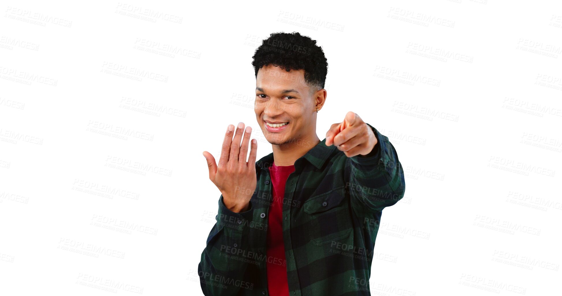 Buy stock photo Happy, face and portrait of man with hand pointing for invitation, choice or come in gesture with confidence. Male person, smile and offer with calling on isolated, transparent and png background