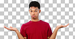 Portrait, man and shrug for doubt in studio for promotion with mock up for option, decision or choice. Male model, face and unsure with presentation, scale or deal on blue background in Cape Town