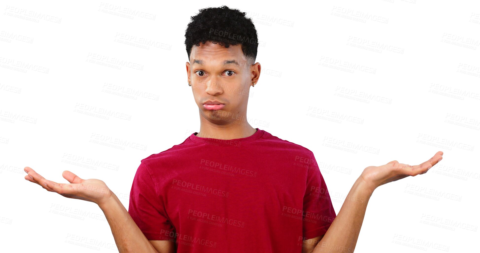 Buy stock photo Shrug, doubt and man for portrait, transparent and isolated background on png. Male model, decision and choice for question, confused and dilemma on fashion or curly hair style with red sweater