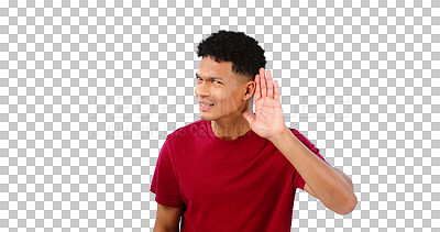 Buy stock photo Portrait, overhearing and hand gesture for listening with a man eavesdropping isolated on a transparent png background. Ear, communication and secret with a confused young person in doubt about news