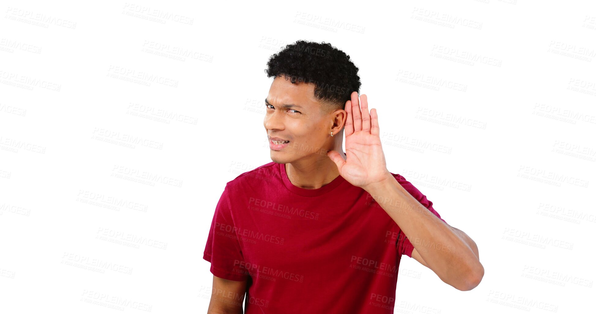 Buy stock photo Portrait, overhearing and hand gesture for listening with a man eavesdropping isolated on a transparent png background. Ear, communication and secret with a confused young person in doubt about news