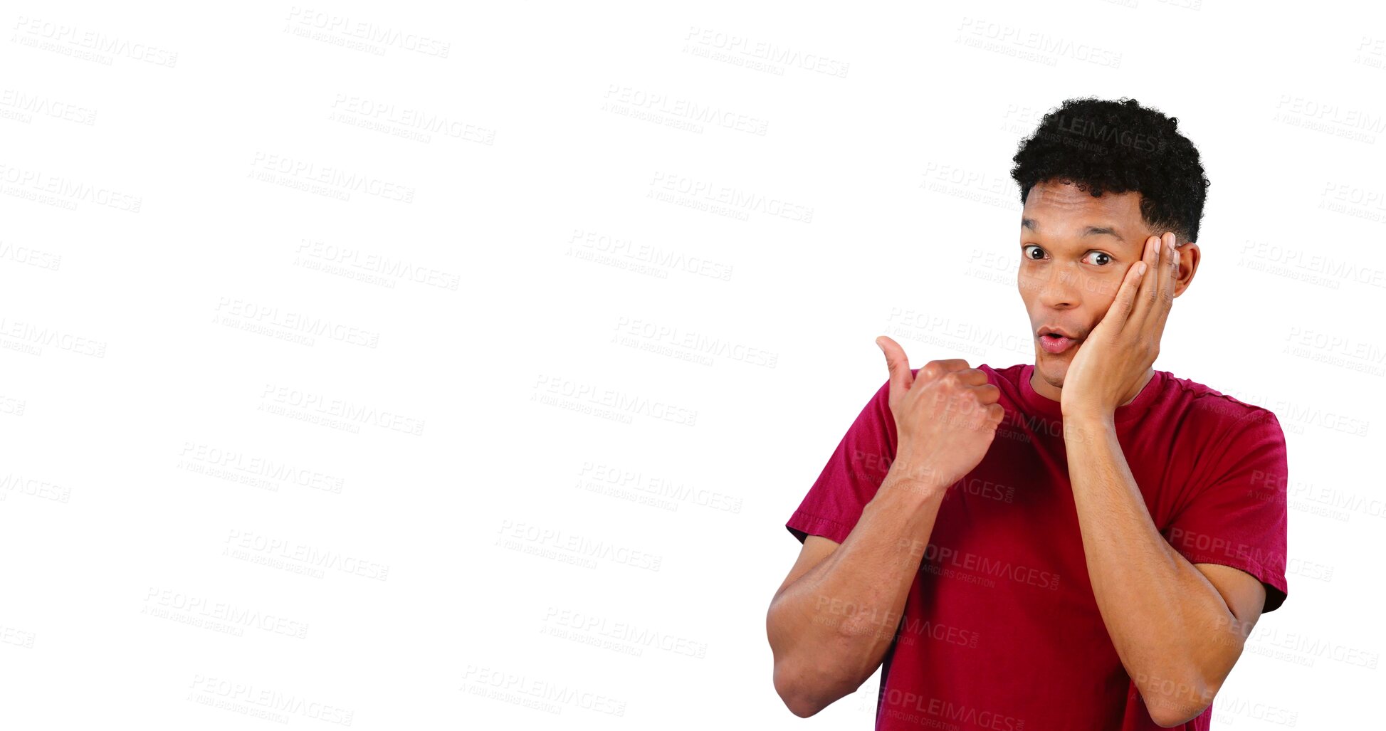 Buy stock photo Surprise, pointing and portrait of young man with gossip, drama or announcement promotion. Shock, face and male person with presentation hand gesture for news isolated by transparent png background.
