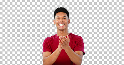 Buy stock photo Applause, celebration and portrait of man with smile, success and isolated on transparent png background. Congratulations, cheers and excited guy with motivation for winning promotion, prize or award