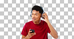 Portrait, listening and man with headphones, smartphone and sound on a blue background. Face, person and model with cellphone, headset or streaming music with audio, hearing or digital app with radio