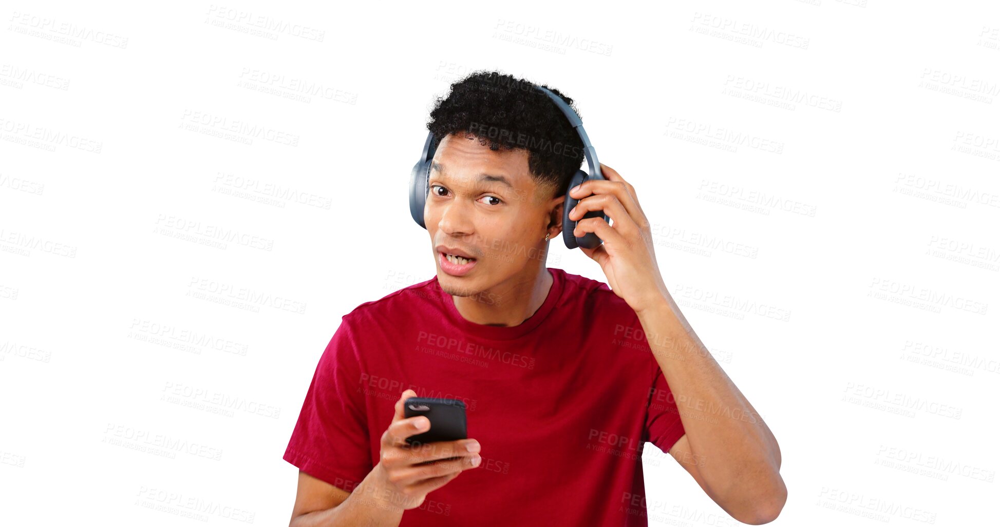 Buy stock photo Man, portrait and headphones with cellphone for music listening to sound, playlist or podcast. Male person, face and smartphone on isolated transparent png background for digital app, radio or track