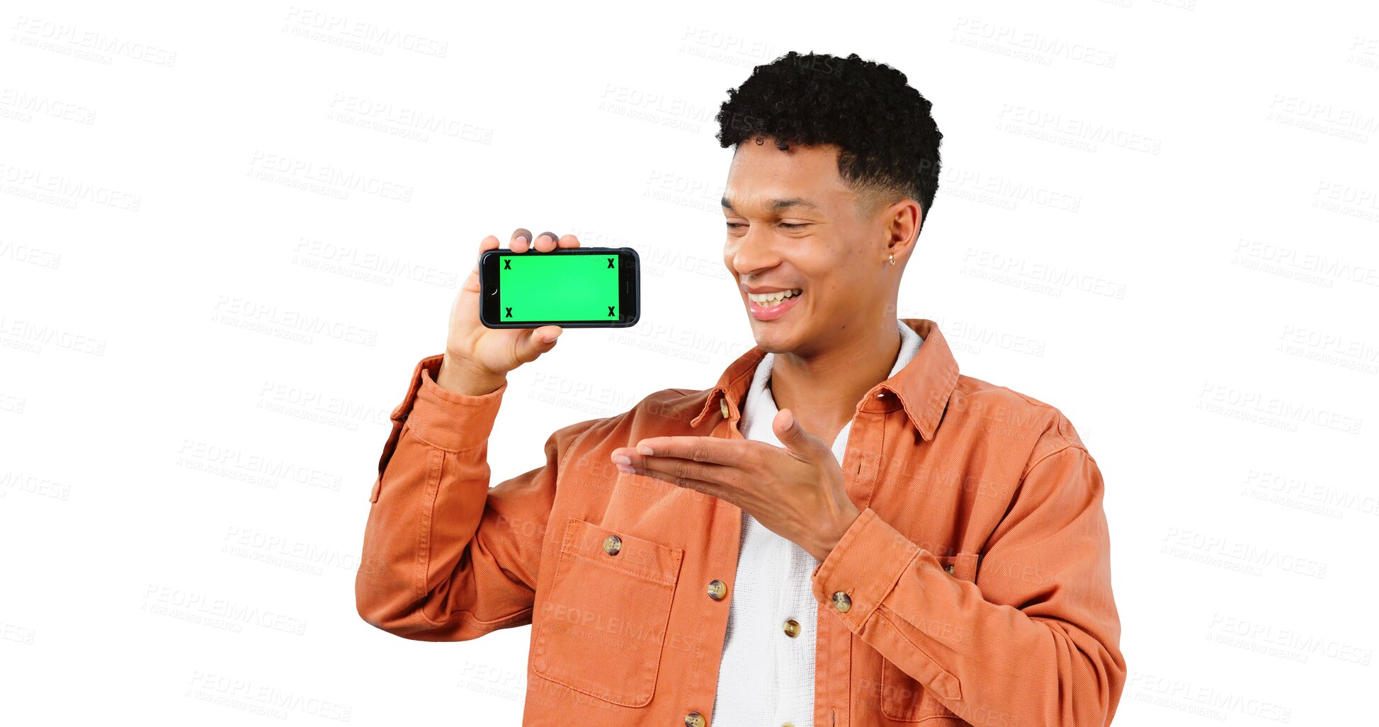 Buy stock photo Man, smile and phone with green screen in hand for social media on transparent, isolated or png background. Happy, person and presentation of information on smartphone for streaming video on app