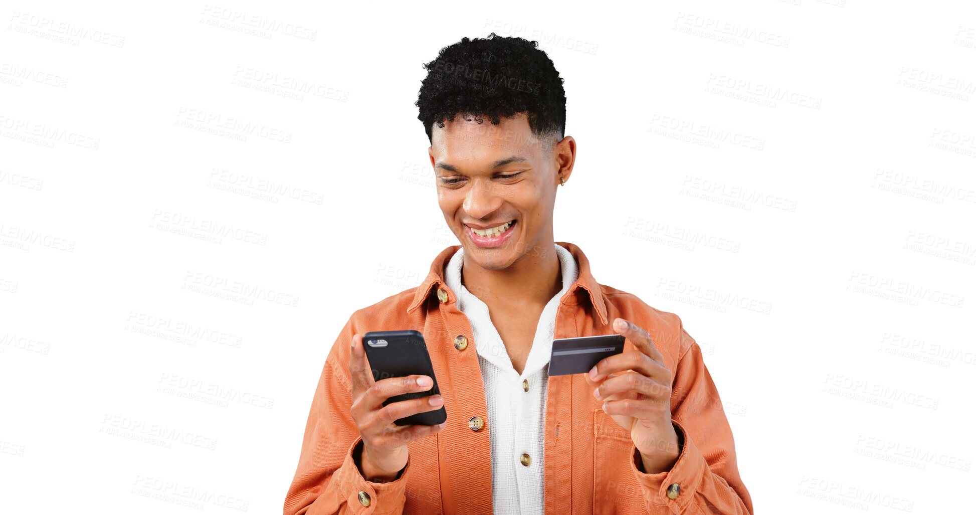 Buy stock photo Happy man, phone or credit card for online shopping, ecommerce or digital app on png background. Loan, transparent or isolated person with mobile for internet banking, sign up or student registration