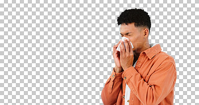 Buy stock photo Man, sneezing for allergies and sick with tissue for runny nose isolated on png transparent background. Cold, flu or covid with bacteria virus, influenza and illness with toilet paper for sinus