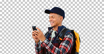 Buy stock photo Hiking, smile and man reading with phone, internet or typing isolated on transparent png background. Person, trekking and smartphone for social media, technology or mobile app to travel on adventure