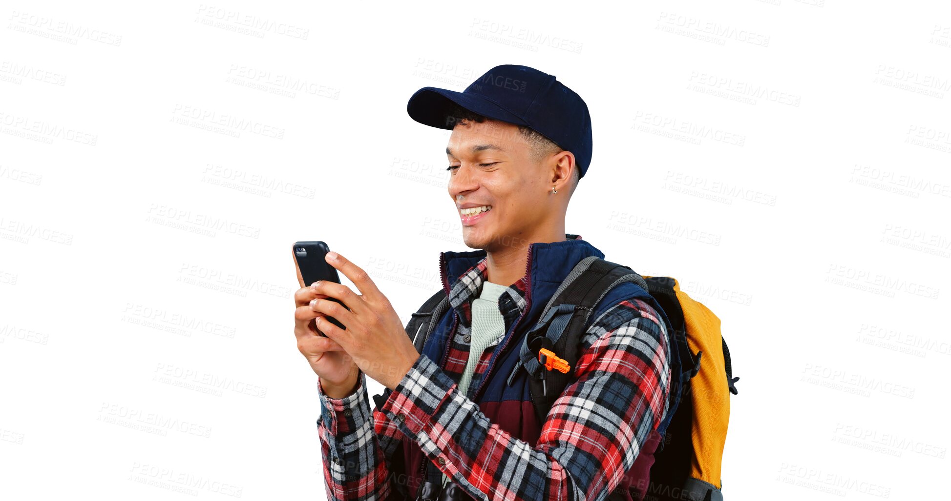 Buy stock photo Hiking, smile and man reading with phone, internet or typing isolated on transparent png background. Person, trekking and smartphone for social media, technology or mobile app to travel on adventure