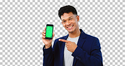 Buy stock photo Businessman, green screen and smartphone with hand pointing for information, news or promo. Technology, display and man with gesture for sign up offer on isolated, transparent and png background