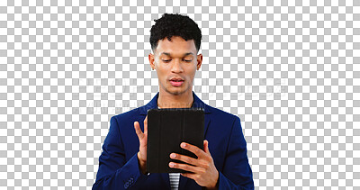 Buy stock photo Man, scroll and tablet for business email and research, app and isolated on transparent png background. Male person, professional and reading information on website, notification and social media