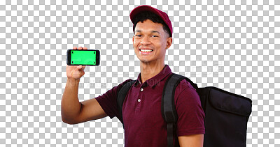 Buy stock photo Delivery man, phone and green screen in portrait with smile, mockup space and bag. Happy male person, backpack and smartphone for app promotion, ecommerce and isolated on transparent png background