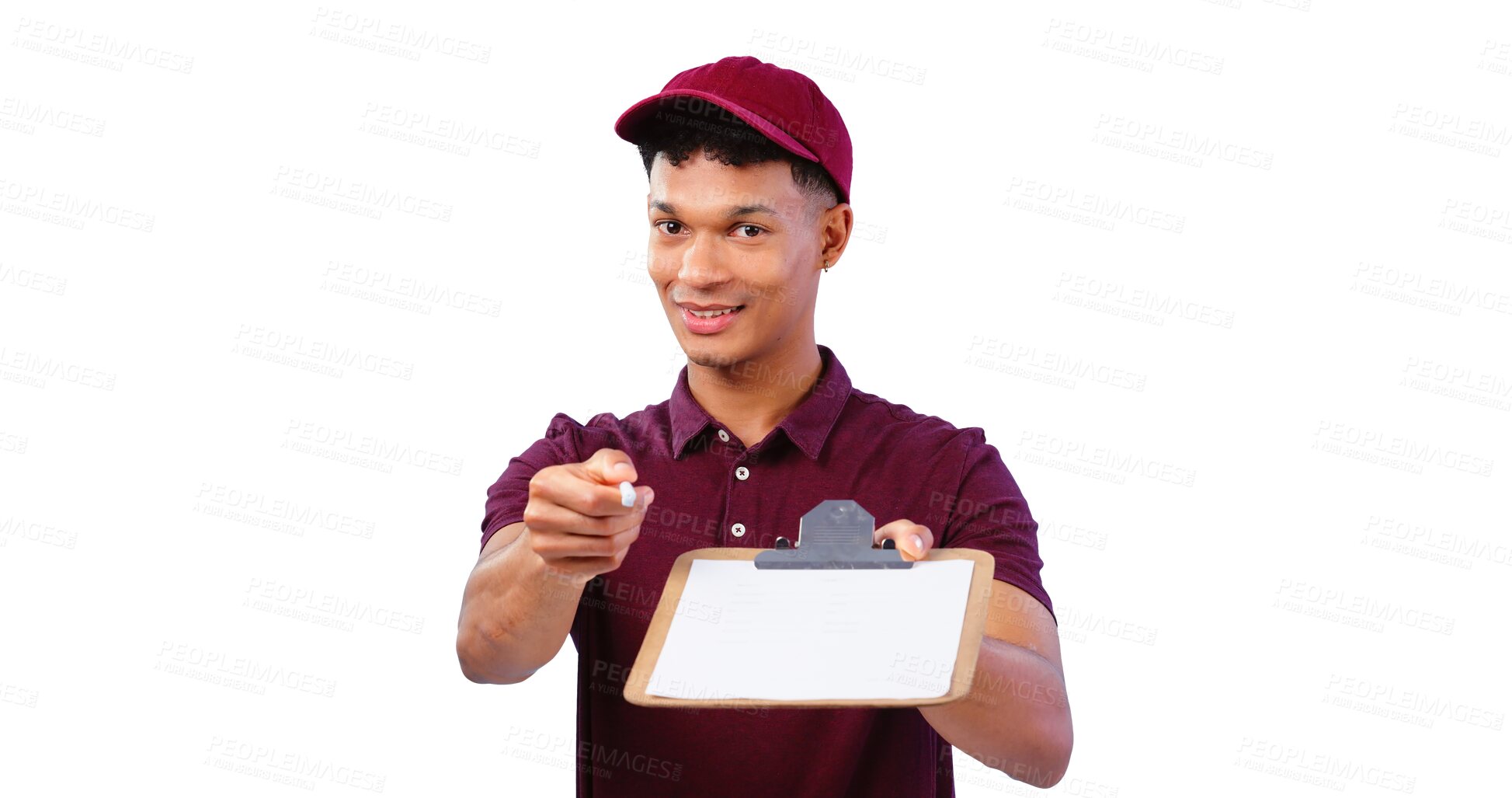 Buy stock photo Delivery, signature and portrait of man with clipboard for package, writing and service in logistics. Smile, male courier and paperwork for shipping job on isolated, transparent and png background