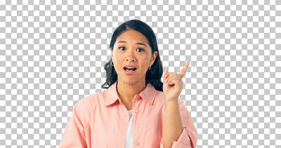 Buy stock photo Eureka, idea and portrait of woman with solution for decision, plan or isolated on a transparent png background. Inspiration, creative or face of Asian person with aha emoji, thinking or hand gesture
