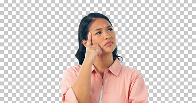 Buy stock photo Thinking, idea and confused woman planning, problem solving or decision isolated on a transparent png background. Doubt, choice and serious Asian person with vision, brainstorming or remember memory